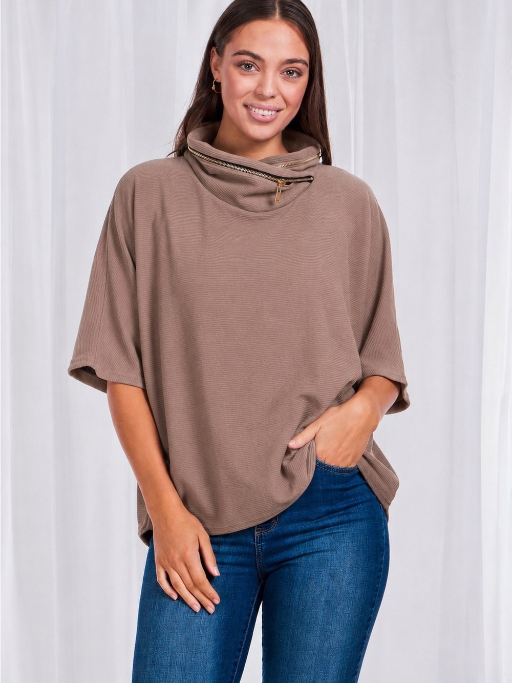Funnel Neck Women's Dolman Sweater with gold zipper detail